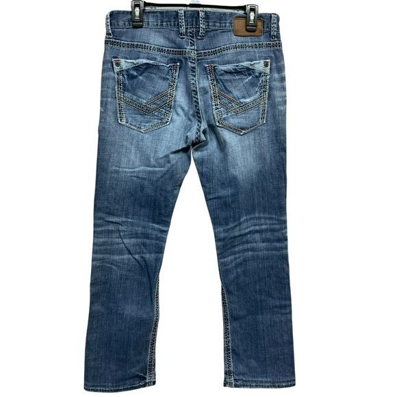 BKE Mens 33R Carter Straight Jeans Blue Denim Zip Fly Medium‎ Wash Stretch - Picture 2 of 16